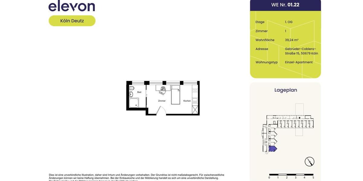 Etagenwohnung Köln Mülheim - 1 Zimmer, 39 m&sup2;, 645&euro; | Angebot:23565702