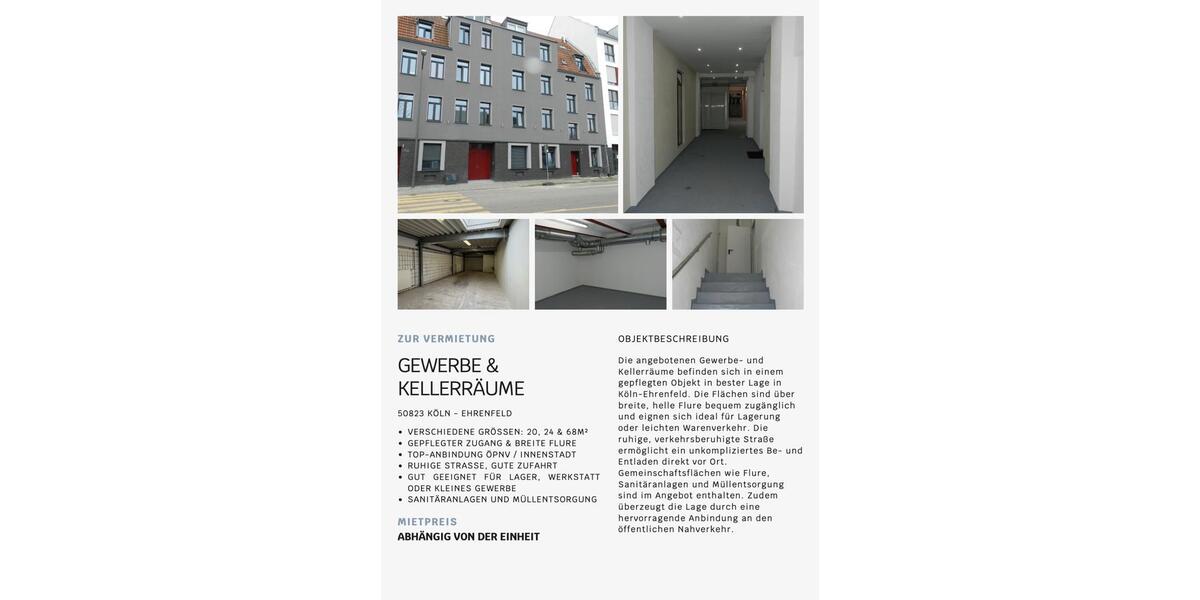 Gewerbeobjekt Köln Ehrenfeld - 250&euro; | Angebot:26564932