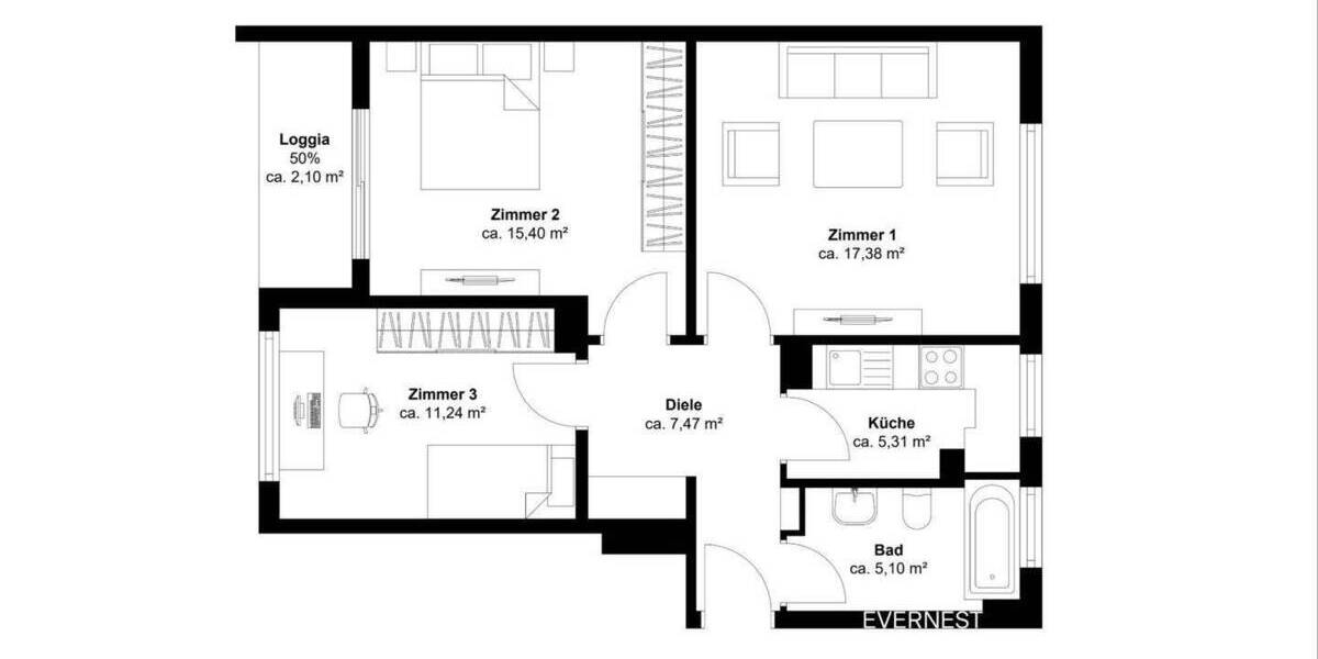 Etagenwohnung Leverkusen Küppersteg - 3 Zimmer, 64 m&sup2;, 198.000&euro; | Angebot:25738459